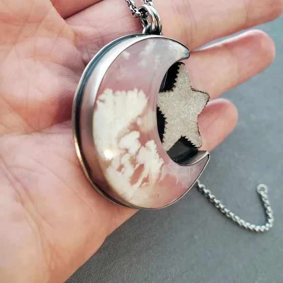 Sterling Silver Plume Agate Moon With Druzy Quartz Star Necklace Ooak Handmade - Picture 6 of 7